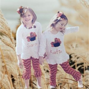 💥Last One💥🦃 Girls Boutique 2pc. Ruffle Chevron Thanksgiving Turkey Outfit